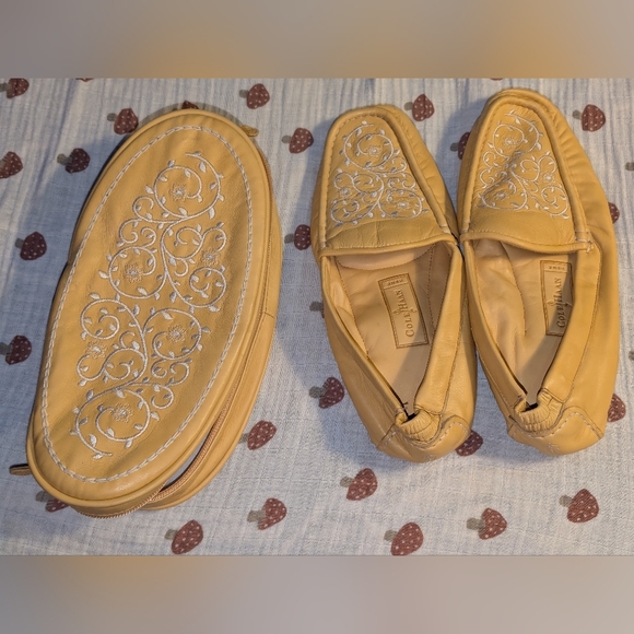 Cole Haan Shoes Slippers Womens 9 B Yellow Leather White Embroidered Loafer Flat - Picture 1 of 13